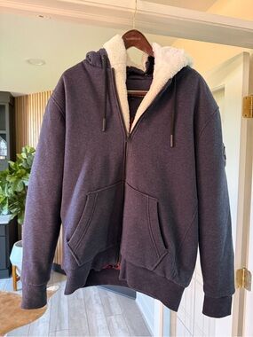 Moose Knuckles Heather Navy Blue Sherpa-Lined Zip Hoodie